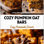 Soft pumpkin oat bars with chocolate chips on a wooden board, perfect healthy fall pumpkin treat